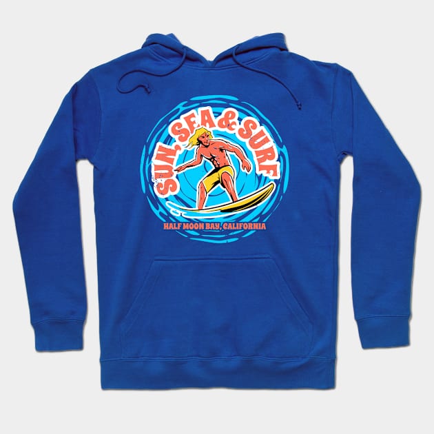 Vintage Sun, Sea & Surf Half Moon Bay, California // Retro Surfing // Surfer Catching Waves Hoodie by Now Boarding